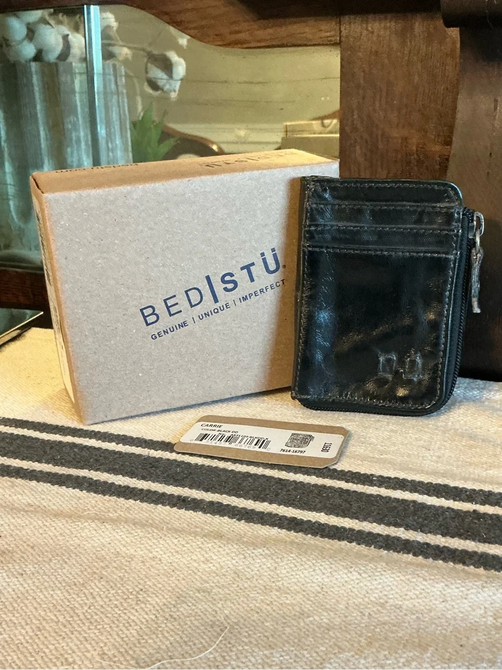 NWT Bed Stu Carrie Leather Black Die Dyed DD Wallet W/ Box Retail $100